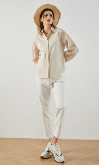 Apricot cotton-blend button-up shirt with sheer sleeves and point collar