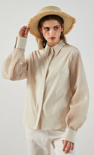 Apricot cotton-blend shirt with sheer pearl-sheen sleeves, button-up front and collar