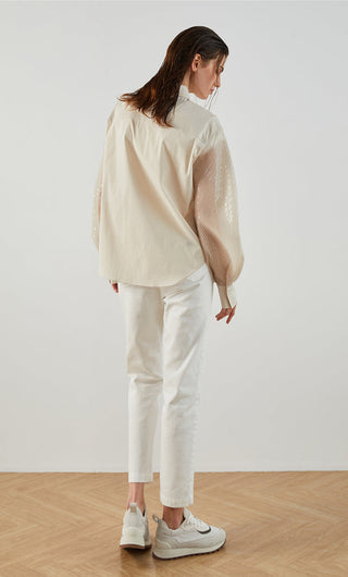 Apricot cotton-blend shirt with sheer sleeves, back view, button front