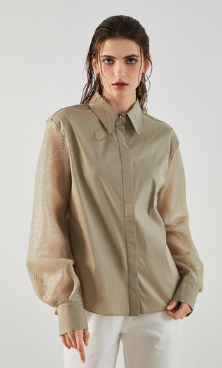 Grayish-green cotton-blend shirt with sheer sleeves, front view, button placket