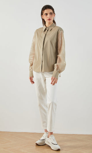 Grayish-green cotton-blend shirt with sheer sleeves and point collar, full front