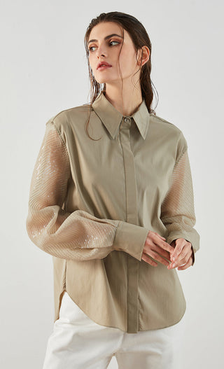 Grayish-green cotton-blend button-up shirt with sheer sleeves, side view