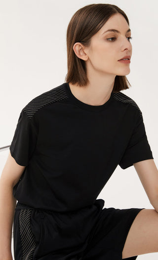 Black beaded-side cotton shorts with elastic waist and relaxed draped front