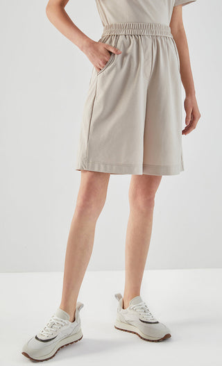 Khaki cotton-blend tailored shorts with elastic waist and side pockets