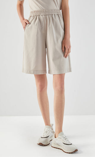 Khaki cotton-blend shorts, front view: elastic waist, side pockets, straight hem