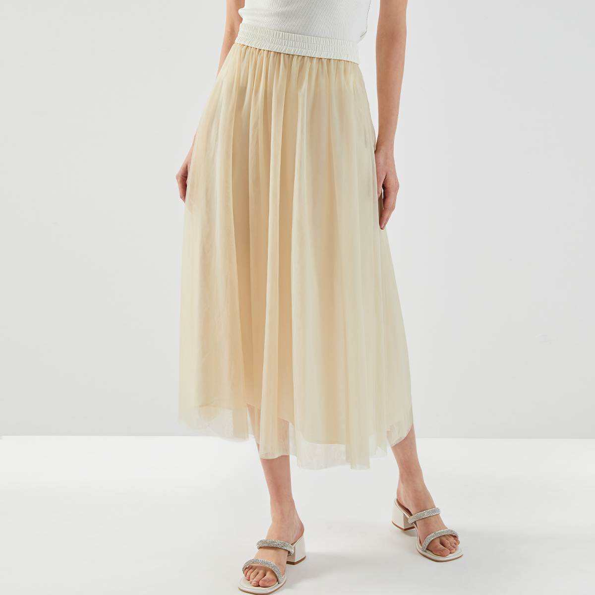 Women's Clothing Spring Summer High Waist Pleated Tulle Skirt