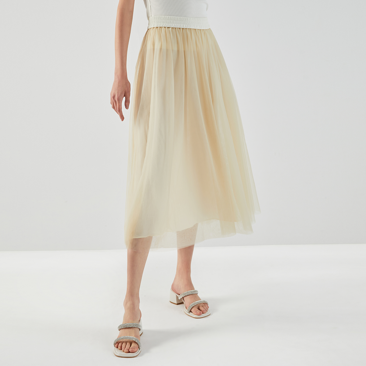 Women's Clothing Spring Summer High Waist Pleated Tulle Skirt