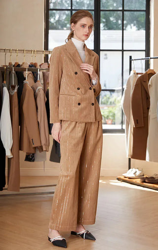 Beige shimmer pinstripe double-breasted blazer with long sleeves and front button closure