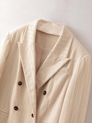 Beige acetate blend shimmer pinstripe double-breasted blazer with notch lapels