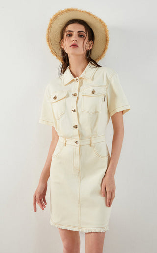 Beige cotton denim shirt dress, short sleeves, button front, chest pockets, belt