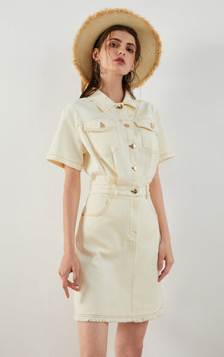 Beige cotton denim shirt dress, button front and two chest flap pockets, knee length