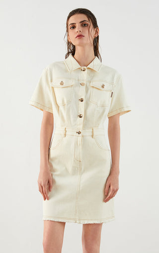 Beige shirt dress with collar, gold-tone buttons, chest flap pockets, belted waist