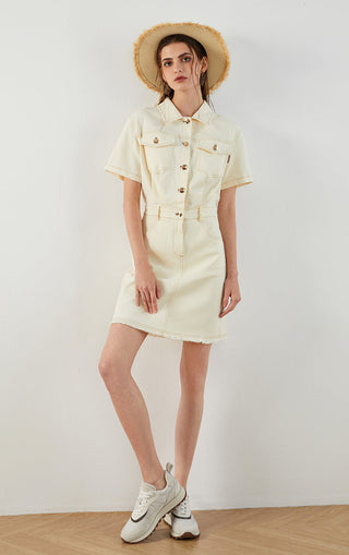 Beige cotton denim shirt dress with button front, waist belt, short sleeves, frayed hem