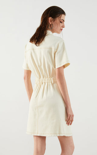 Beige cotton denim shirt dress, back view, gathered waist seam, short sleeves, frayed hem