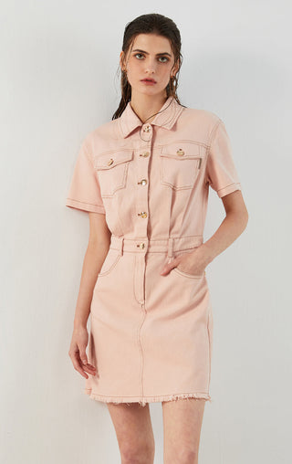 Pink cotton denim shirt dress, short sleeves, button front, chest pockets, waist belt