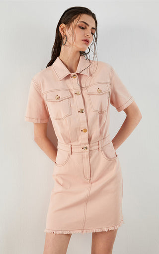 Pink shirt dress with pointed collar, button front and chest flap pockets, belted waist
