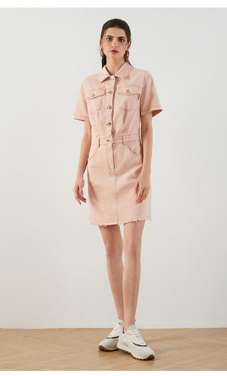 Pink cotton denim shirt dress, button front and waist belt, short sleeves, frayed hem