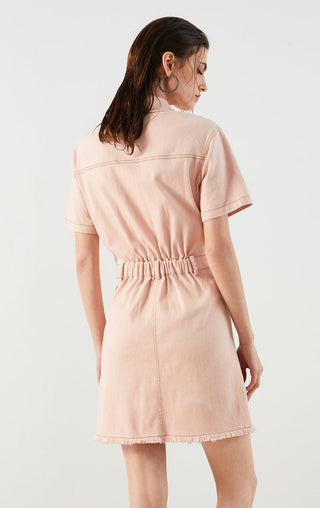 Pink cotton denim shirt dress back view, gathered waist seam, short sleeves, frayed hem