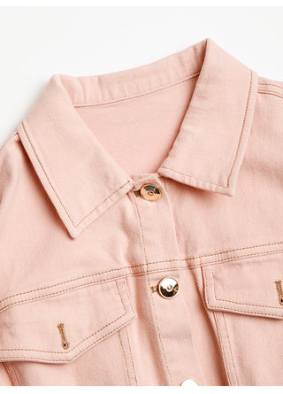 Cotton denim shirt dress in pink, buttoned collar detail and front placket close-up.