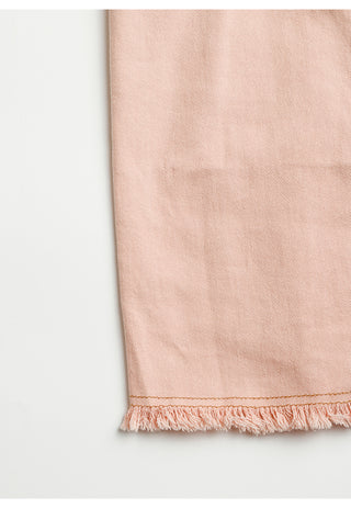 Pink cotton denim shirt dress with raw frayed hem at the bottom.