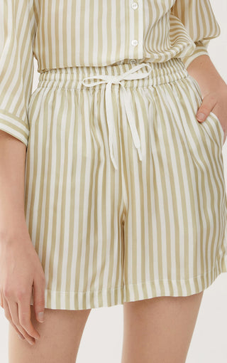 Beige and cream striped shorts with drawstring tie at elastic waist