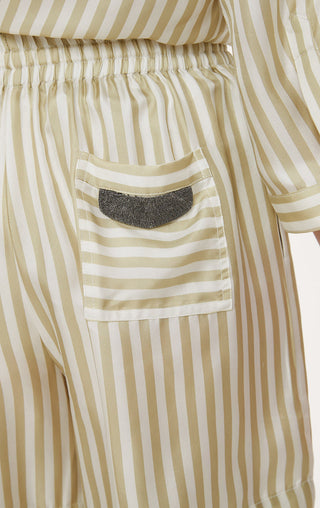 Beige striped pocket shorts with textured beaded pocket detail on front