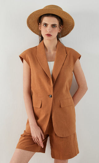Linen Cotton Sleeveless Tailored Vest - serathinan 
