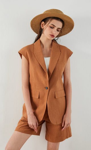 Linen Cotton Sleeveless Tailored Vest - serathinan 
