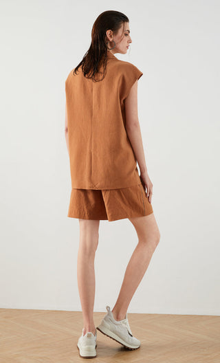 Brown linen-cotton sleeveless tailored vest, open front with lapels and patch pockets