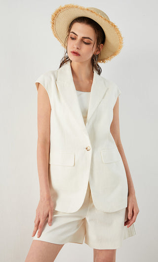 Ivory white linen-cotton sleeveless tailored vest with notch lapels, button front, patch pockets