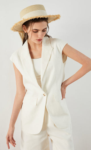 Ivory white sleeveless tailored vest with notch lapels and patch pockets; single round button