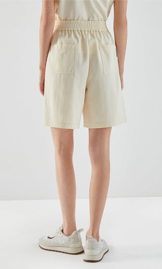 Back view of apricot shorts with elastic waist and two patch pockets
