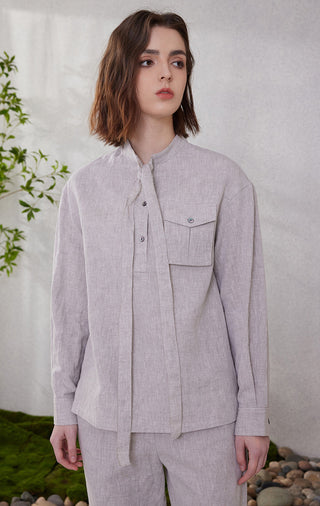 Light purple linen tie-neck utility shirt with button front and chest pocket