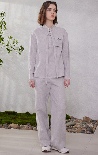 Light purple linen tie-neck utility shirt, front view with chest pocket and buttons