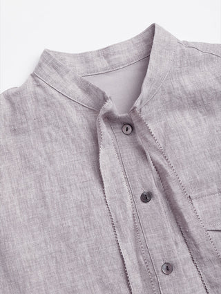 Light purple linen tie-neck collar with button placket and stitched edge trim