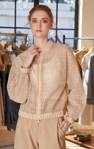 Apricot silk mesh zip jacket with allover embroidery, stand collar, and puff sleeves