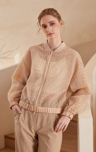 Apricot embroidered mesh zip jacket, stand collar, elastic cuffs, and drawstring-like hem