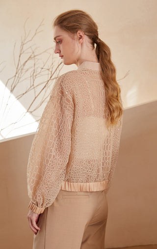 Apricot embroidered mesh zip jacket back view with elastic hem and gathered cuffs