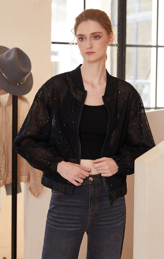 Black embroidered mesh zip jacket with elastic cuffs and standing collar