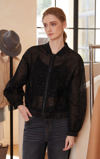 Black silk mesh zip jacket with allover embroidery, stand collar, and puff sleeves
