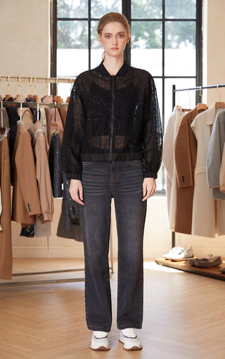 Black silk embroidered mesh zip jacket with stand collar and long sleeves