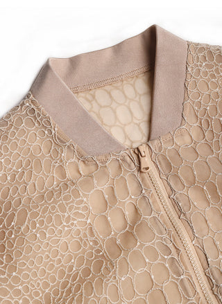 Apricot silk mesh jacket neckline and front zip, textured embroidery with beaded accents