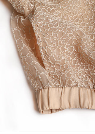 Apricot embroidered mesh jacket hem with elasticized band and scalloped edge trim