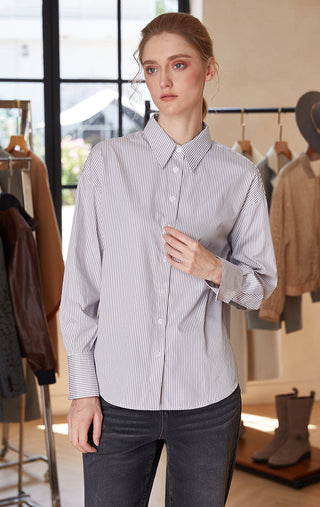 Striped cotton-blend button-up shirt with beaded cuff detail on long sleeves