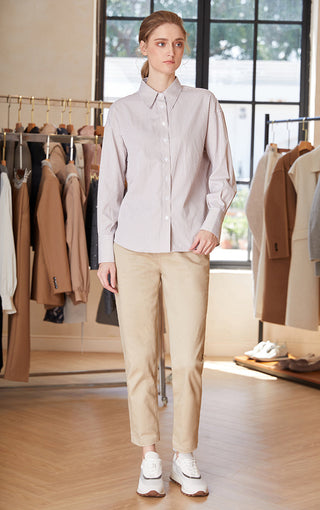 Striped cotton-blend shirt with button front and beaded cuffs, full-body view