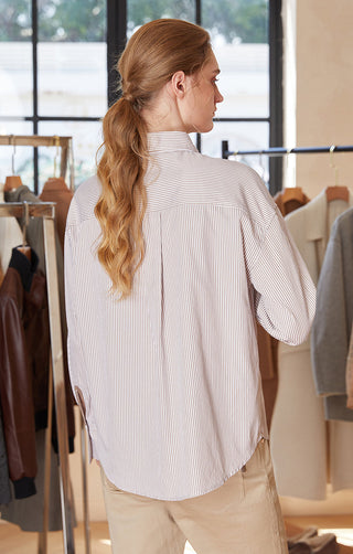 Striped cotton-blend shirt, back view with beaded cuff detail at long sleeve hem