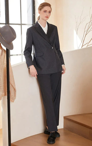 Dark gray wool-stretch tailored blazer with notch lapels, single button, flap pockets