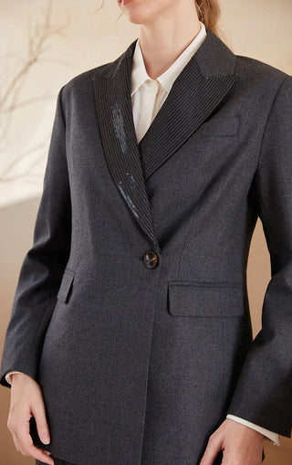 Dark gray blazer close-up: notch lapel, single-button closure, flap pocket