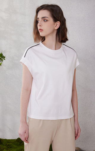 White cotton short-sleeve top with crew neckline and gray piping accents on sleeves
