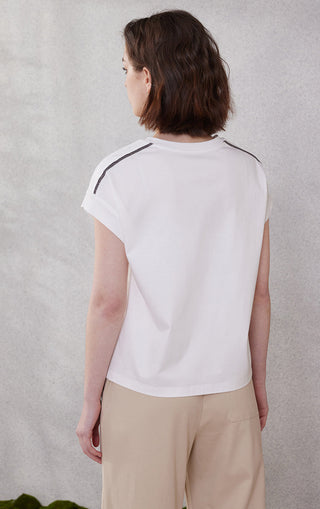 White cotton short-sleeve top from back, crew neck and gray piping on shoulders